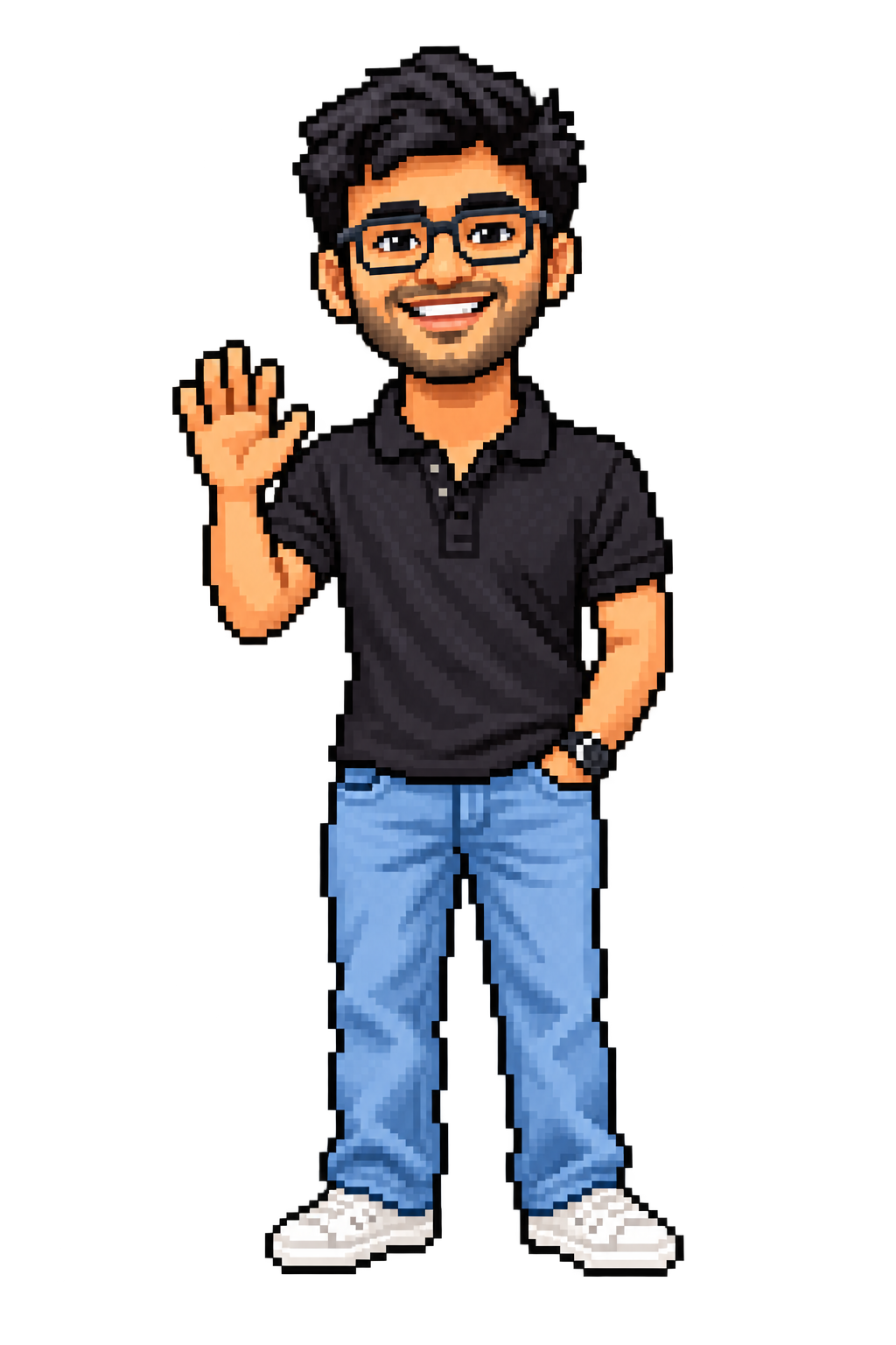 Illustrated Suraj smiling and waving, with glasses and a black polo